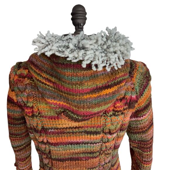 AMANO 100% Wool Cardigan Womens Medium Boho Chunky Hood Fringe Zip Orange - Picture 6 of 10